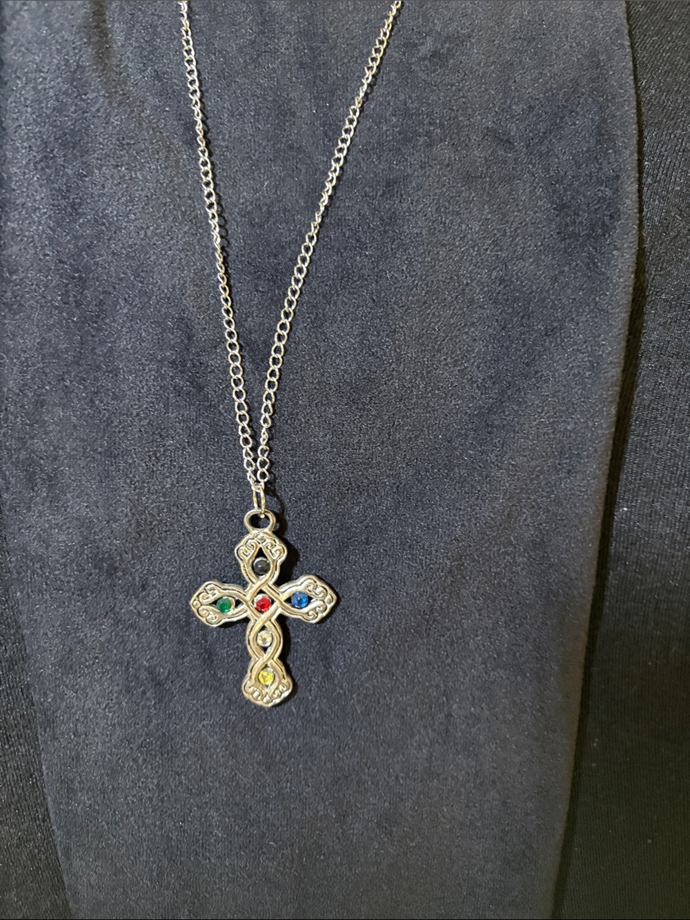 Silver Cross Pendant Necklace with Multicolor Gem Accents